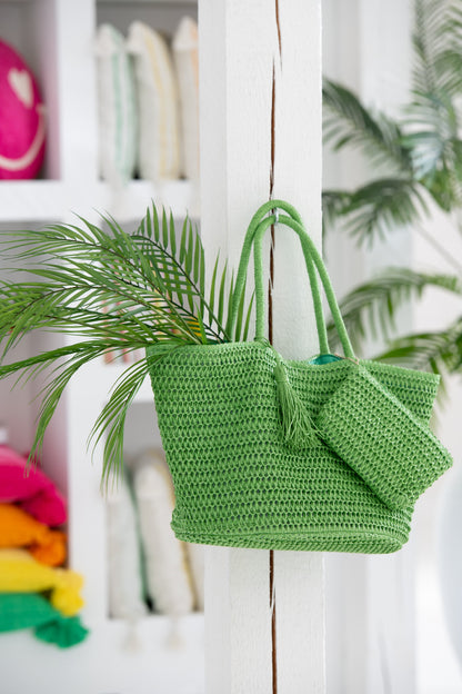 Strandtas + Tasje Groen/Geel Set van 2