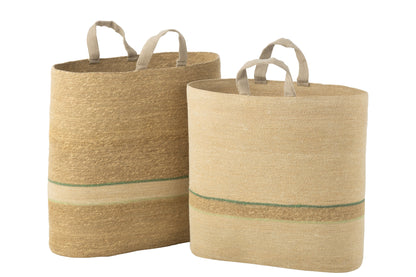 Set Van 2 Mand Strepen+Handvat Naturel/Groen J-Line