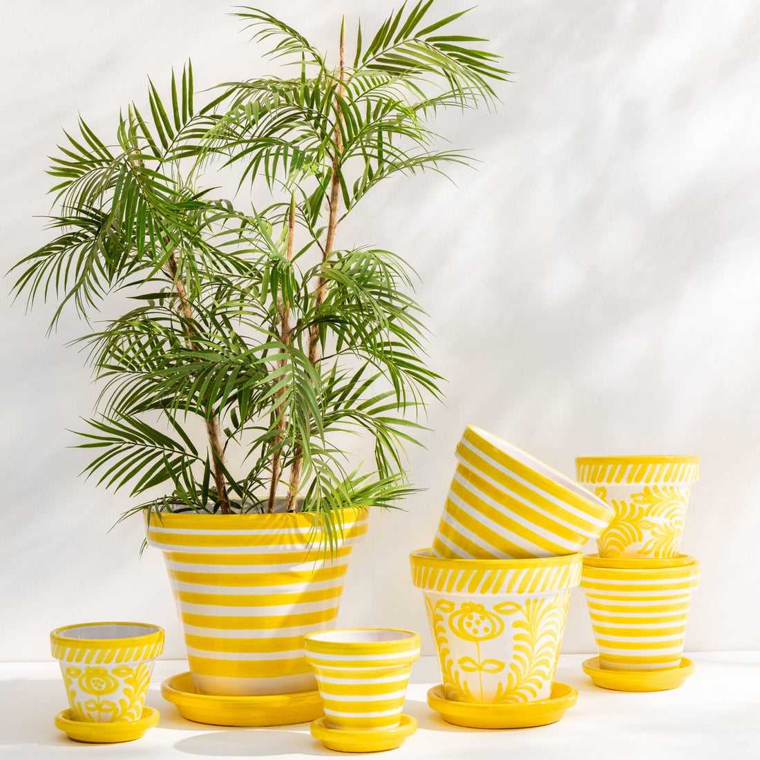 Flowerpot+Plate Granada Stripes Handmade+Painted Ceramic Yellow Extra Large
