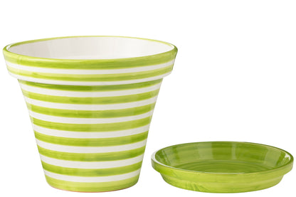 Flowerpot+Plate Granada Stripes Handmade+Painted Ceramic Green Extra Large J-Line