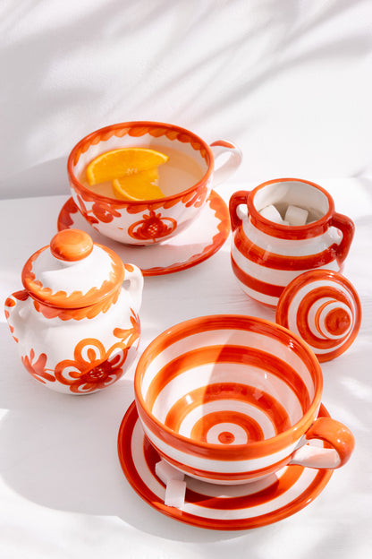 Koffiekop met Schaaltje Granada Motief Oranje/Wit Keramiek J-Line