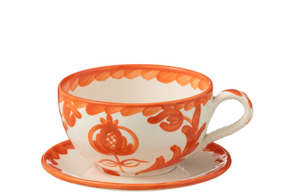 Koffiekop met Schaaltje Granada Motief Oranje/Wit Keramiek J-Line