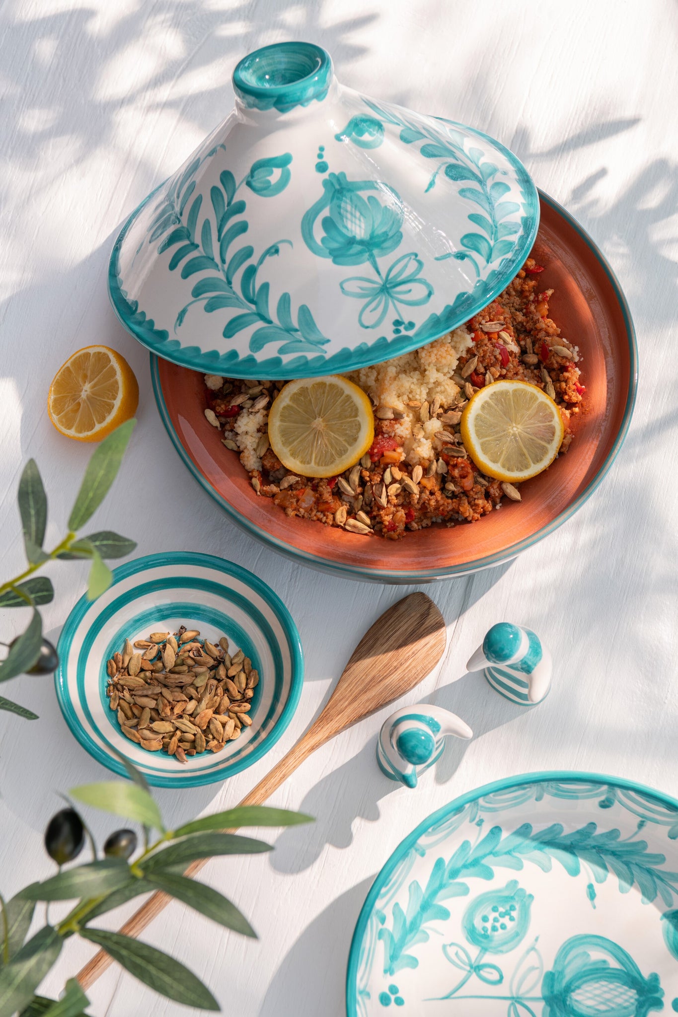 Tagine Granada Motief Aqua/Wit Keramiek J-Line
