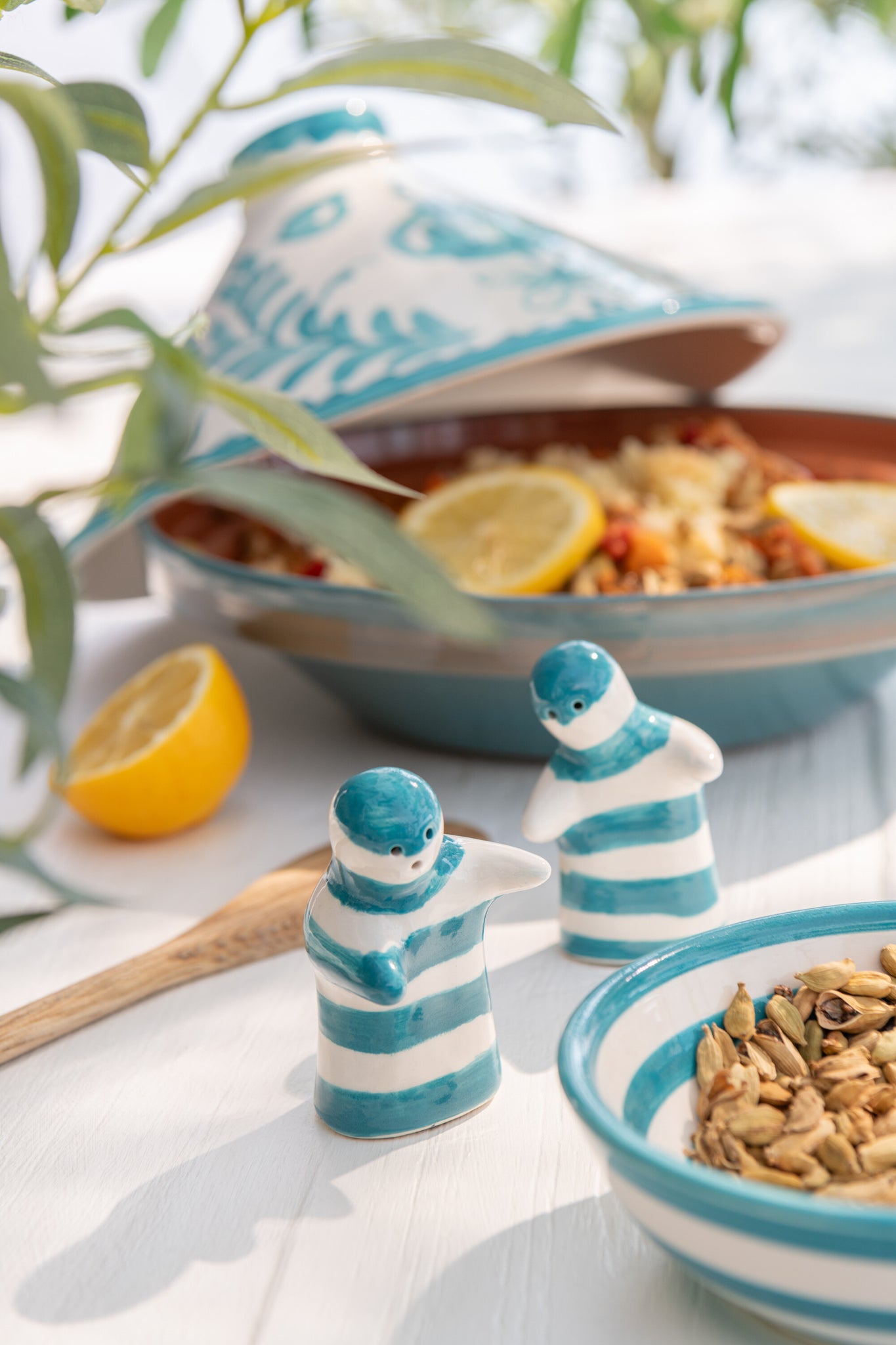 Peper &amp; Zout Stelletje Granada Strepen Aqua/Wit Keramiek J-Line