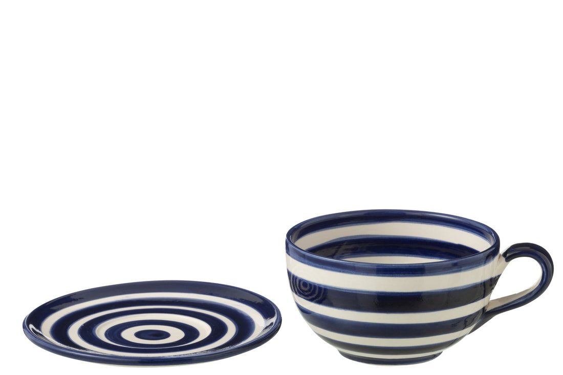 Koffiekop met Schaaltje Granada Strepen Cobalt Blauw/Wit Keramiek J-Line