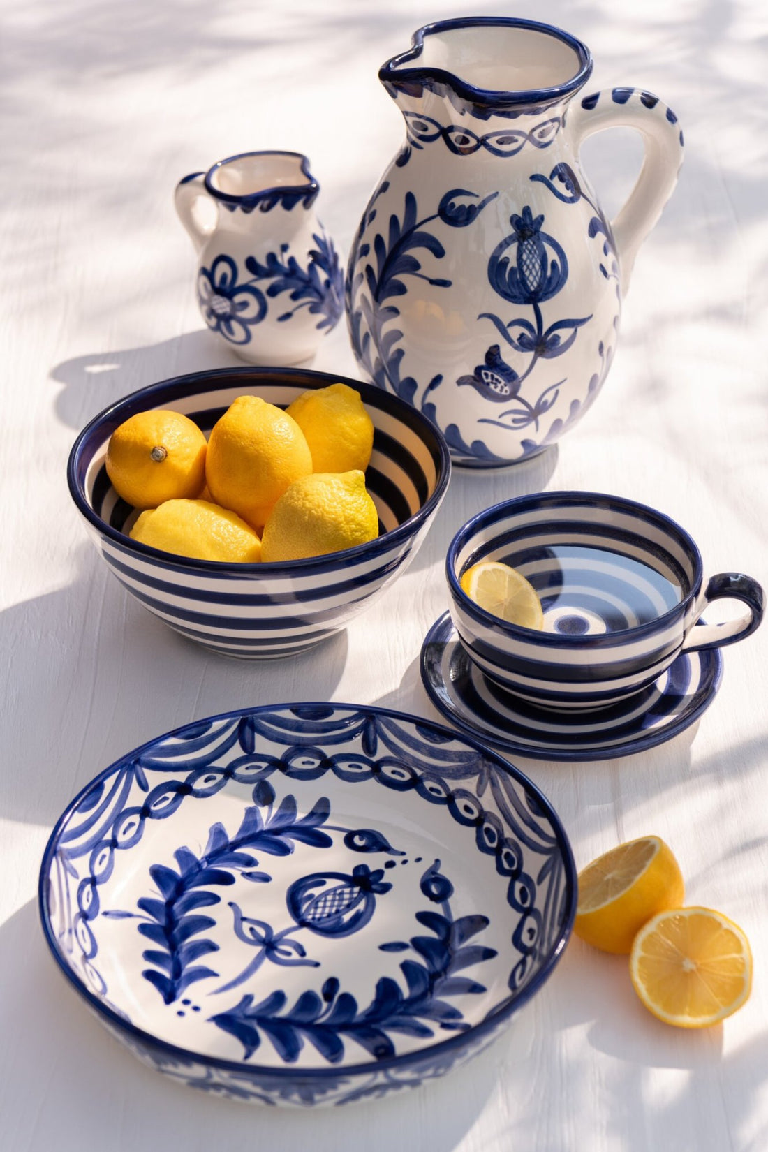 Koffiekop met Schaaltje Granada Strepen Cobalt Blauw/Wit Keramiek J-Line