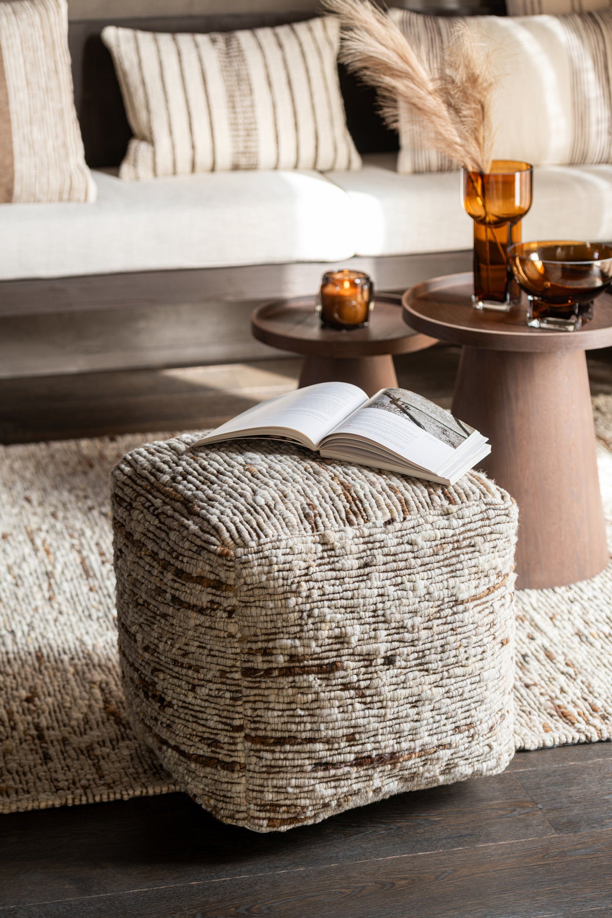 Pouf Gewebte Wolle Ecru/Braun 45x45x45cm J-Line