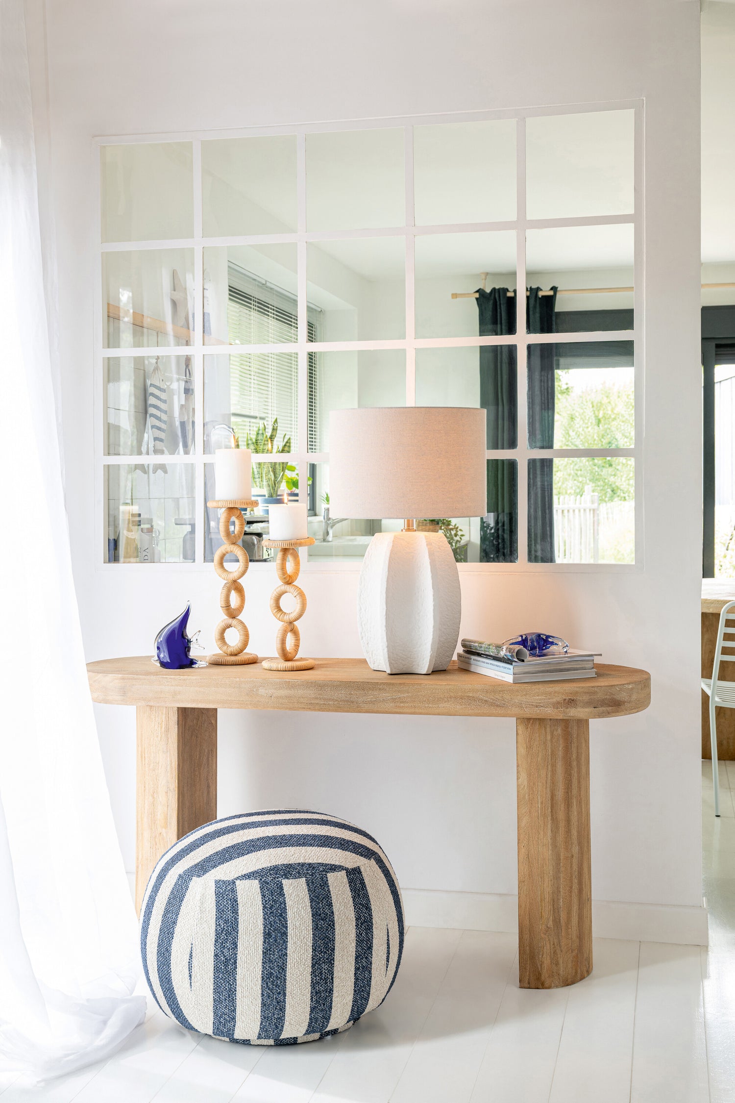 Loungestoel met Poef Gestreepte Stof Blauw/Gebroken Wit J-Line