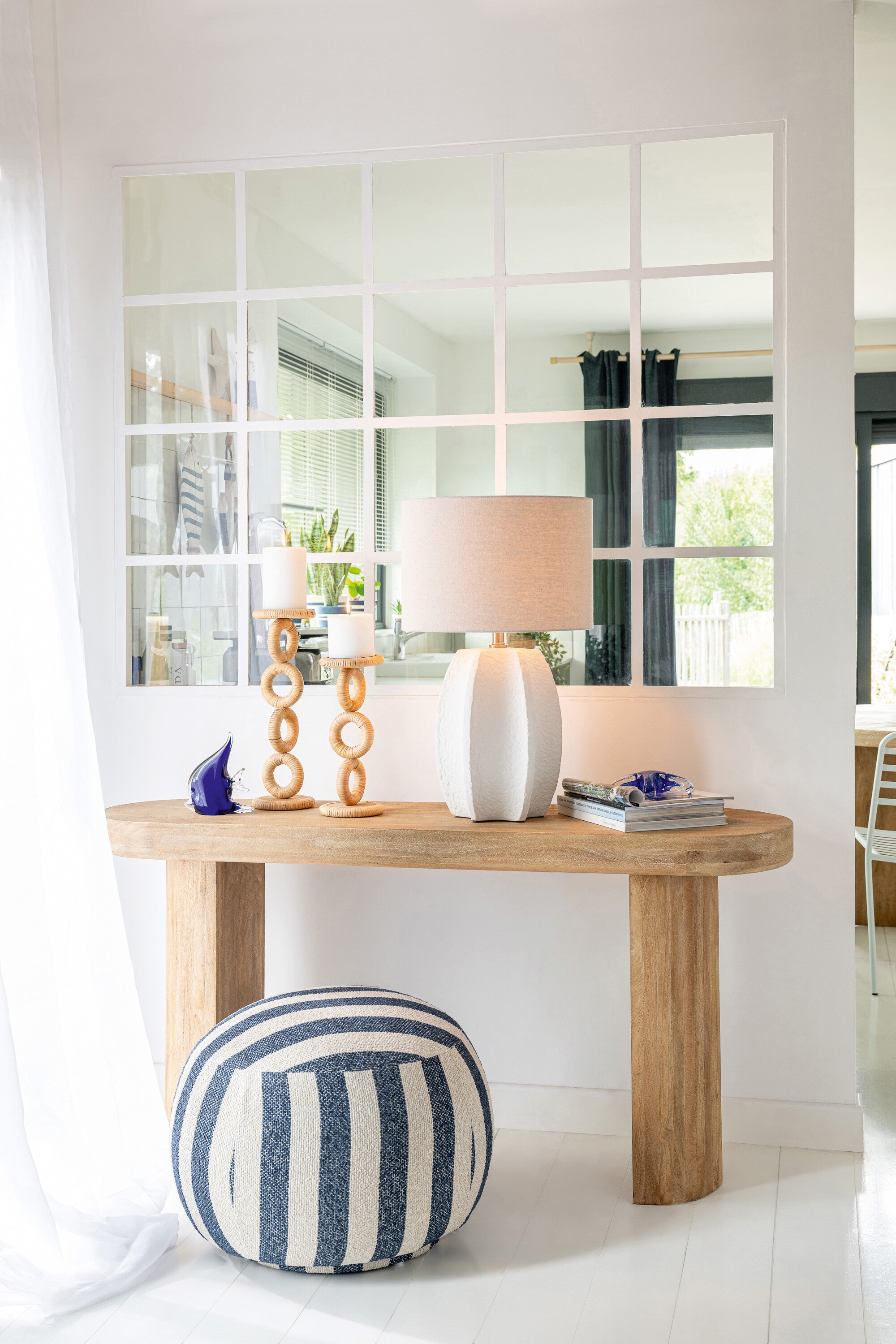 Loungestoel met Poef Gestreepte Stof Blauw/Gebroken Wit J-Line