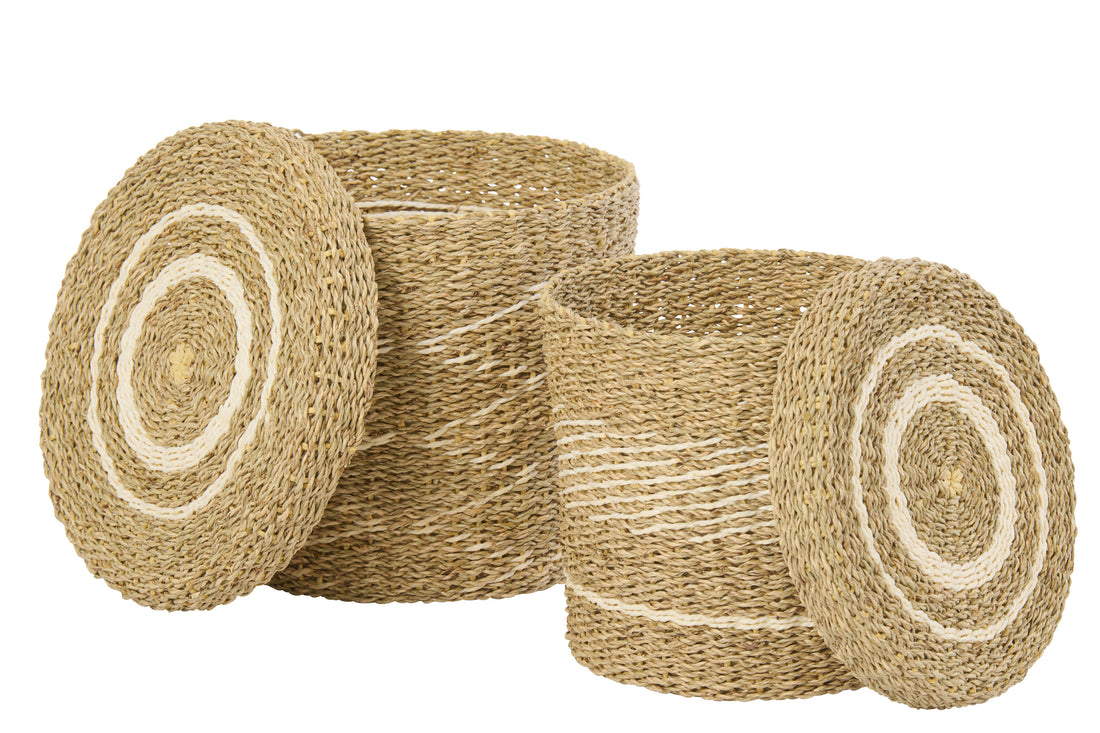 Set Van 2 Mand + Deksel Gestreept Papier Wit/Naturel J-Line