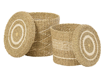 Set Van 2 Mand + Deksel Gestreept Papier Wit/Naturel J-Line