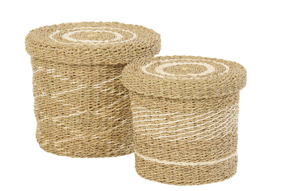 Set Van 2 Mand + Deksel Gestreept Papier Wit/Naturel J-Line