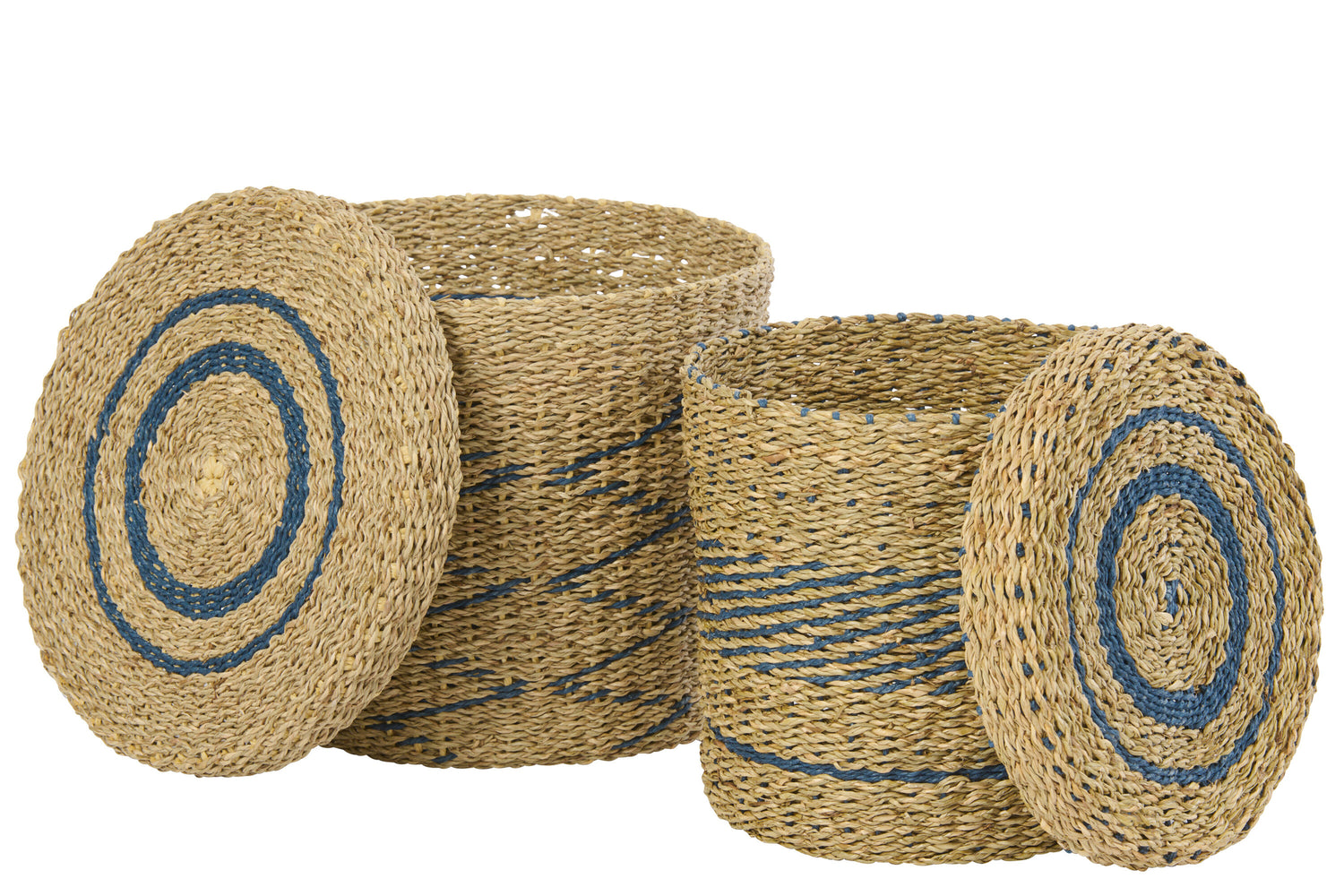 Set Van 2 Mand + Deksel Gestreept Papier Naturel/Blauw J-Line