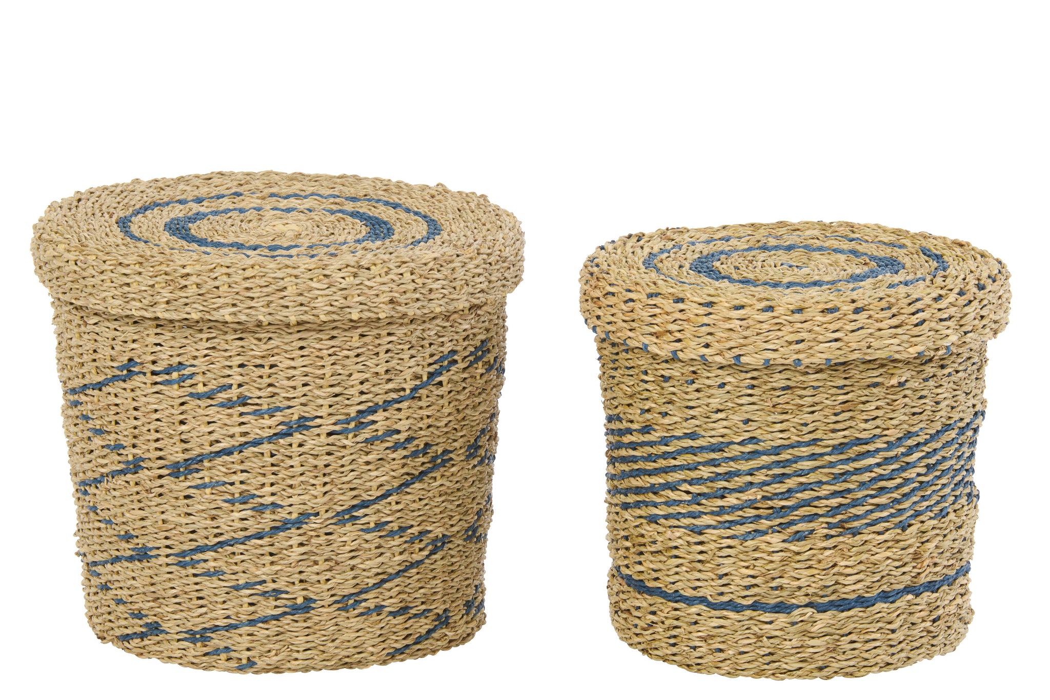 Set Van 2 Mand + Deksel Gestreept Papier Naturel/Blauw J-Line