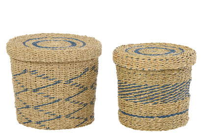 Set Van 2 Mand + Deksel Gestreept Papier Naturel/Blauw J-Line