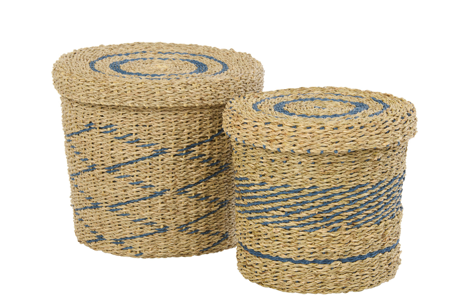 Set Van 2 Mand + Deksel Gestreept Papier Naturel/Blauw J-Line