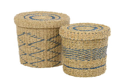 Set Van 2 Mand + Deksel Gestreept Papier Naturel/Blauw J-Line