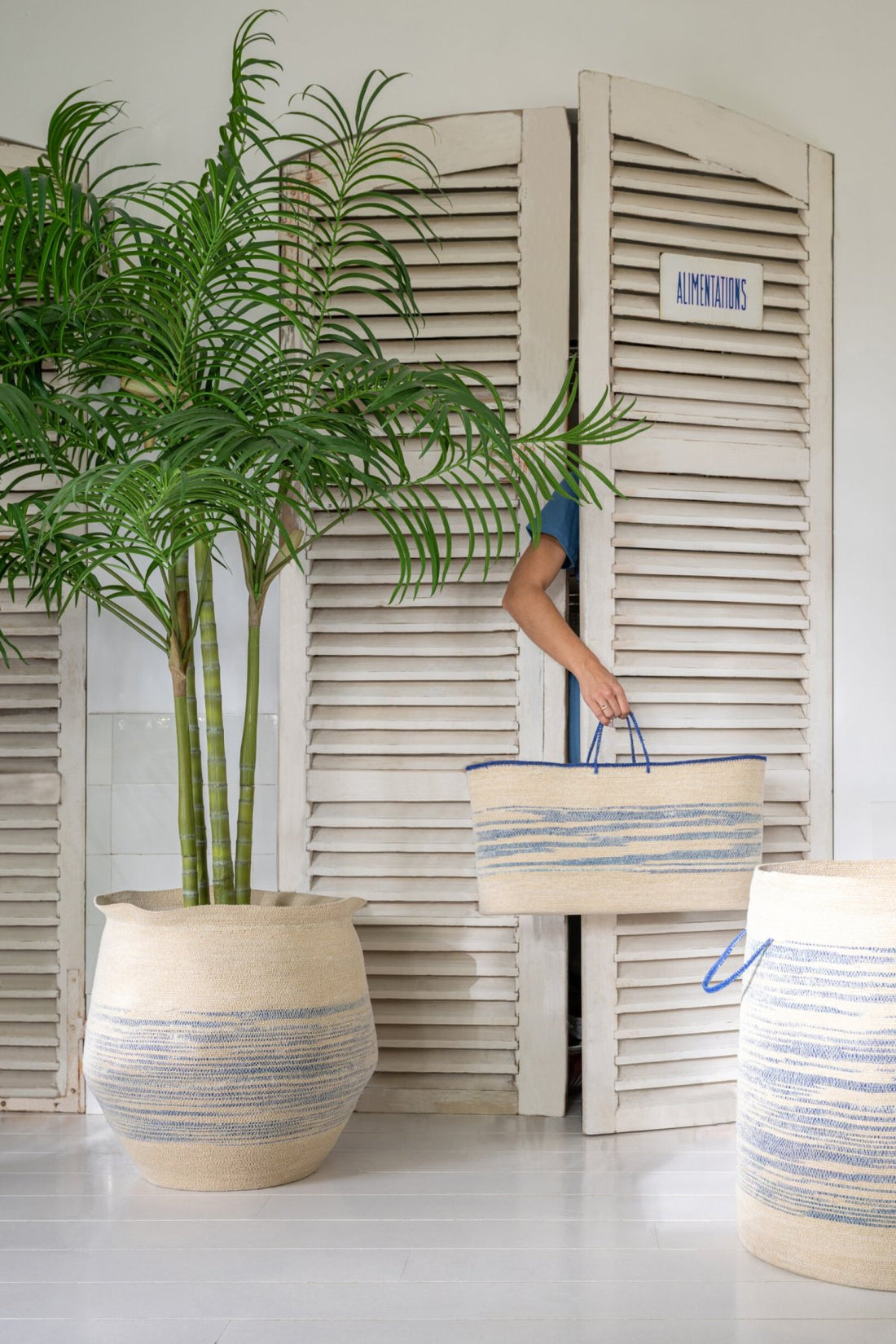 Mand Met Handvat Zeegras Naturel Blauw J-Line