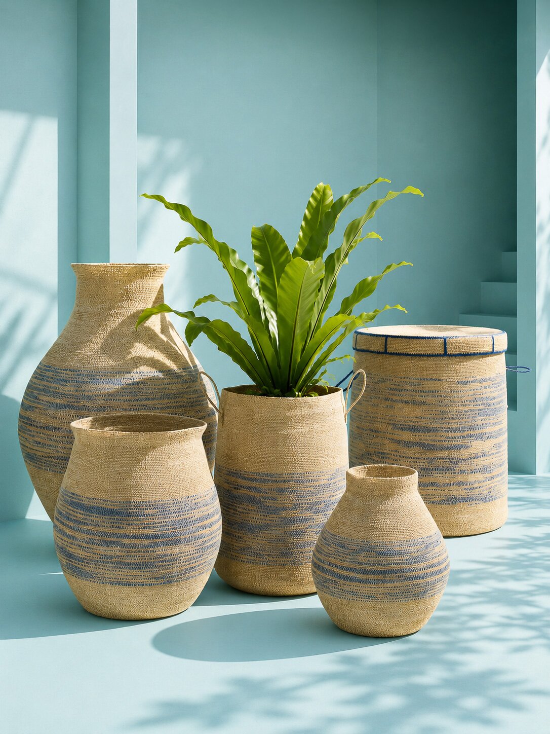 Mand Met Handvat + Deksel Gestreept Zeegras Naturel/Blauw J-Line
