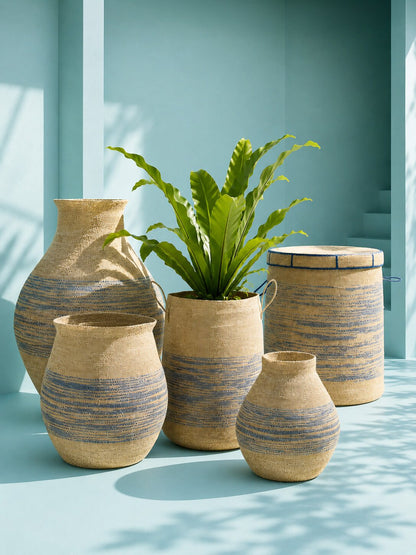 Mand Met Handvat + Deksel Gestreept Zeegras Naturel/Blauw J-Line
