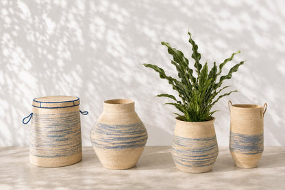 Mand Met Handvat + Deksel Gestreept Zeegras Naturel/Blauw J-Line
