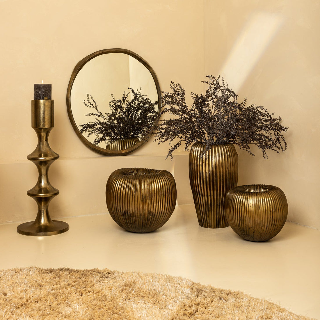 Russel Gold Alu Round Pot Ribbed High 35x32x63cm PTMD