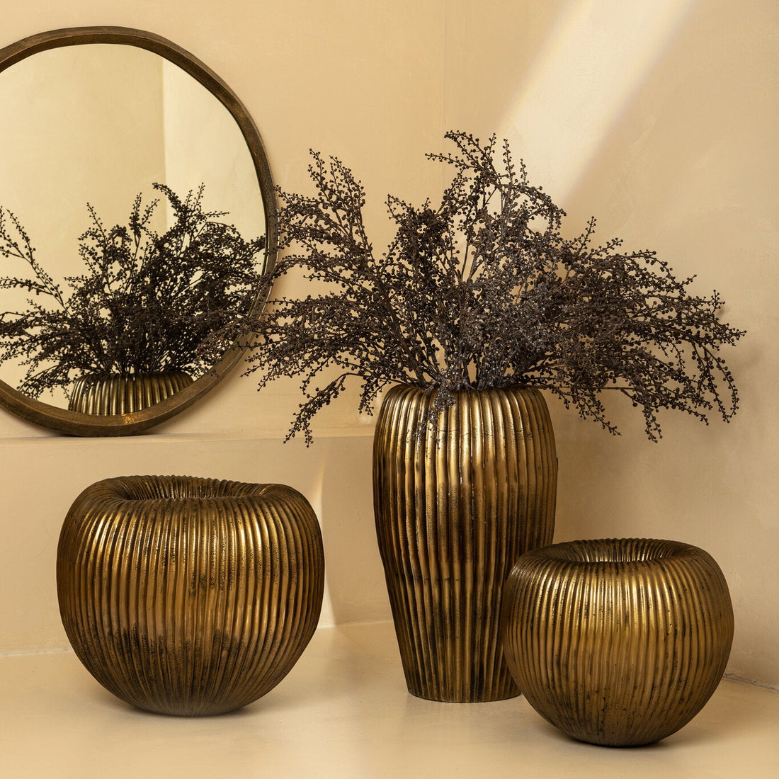 Russel Gold Alu Round Pot Ribbed High 35x32x63cm PTMD