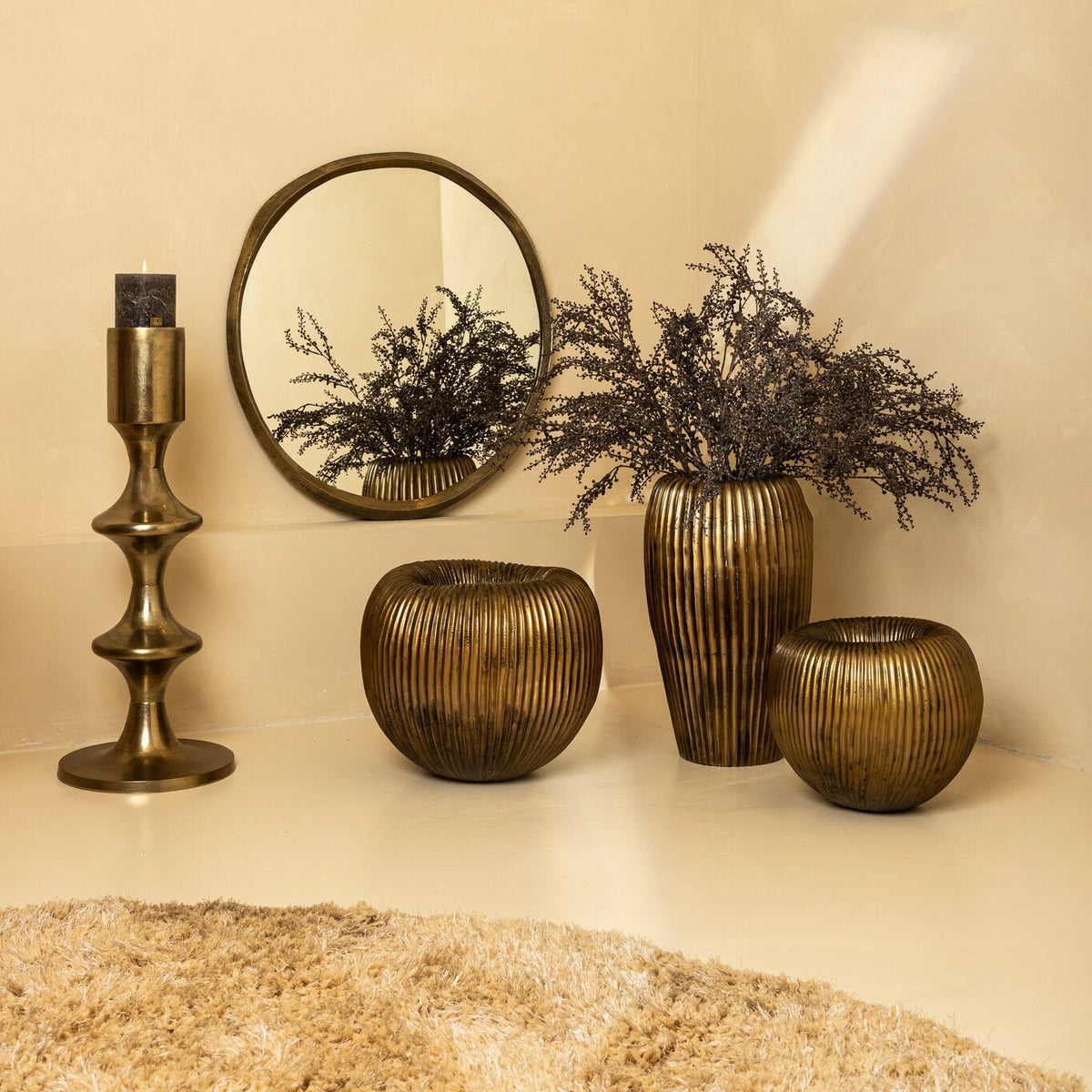 Russel Gold Alu Round Pot Ribbed High 35x32x63cm PTMD
