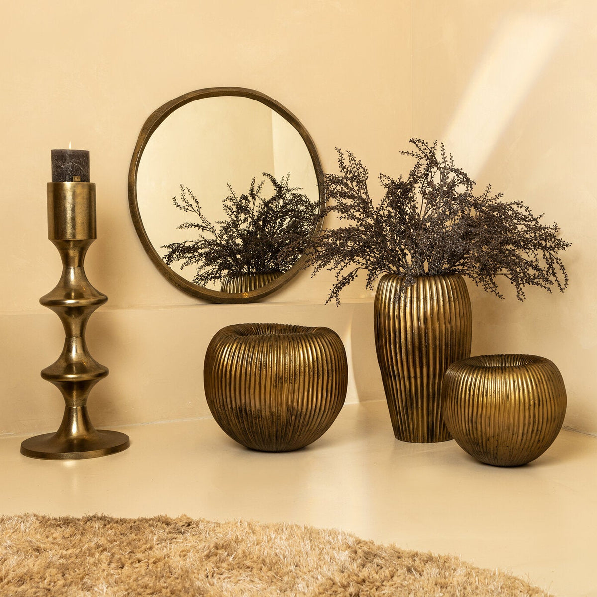 Russel Gold Alu Round Pot Ribbed High 35x32x63cm PTMD