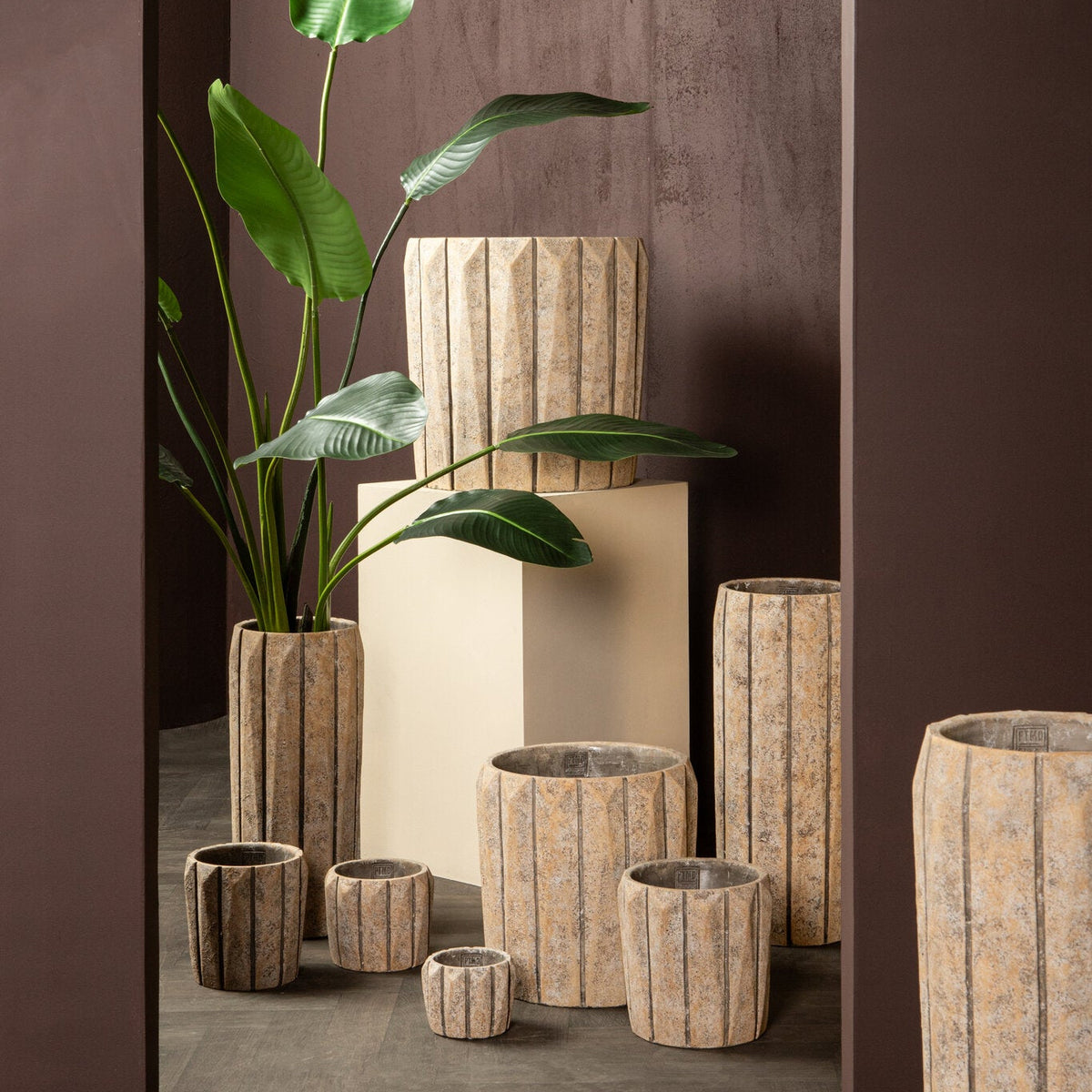 Imani Taupe Cement Pot Round With Lines Big L PTMD
