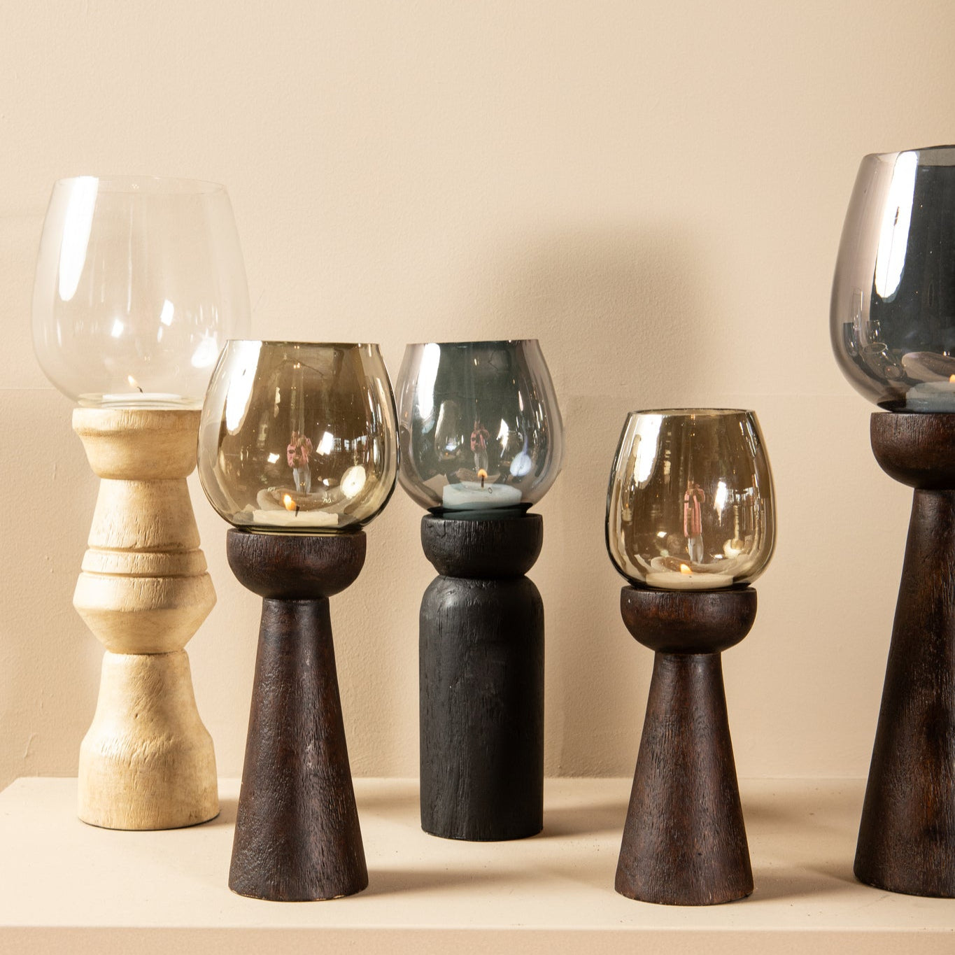 Windlicht Qez Mangohout Crème Bundel van 3 PTMD