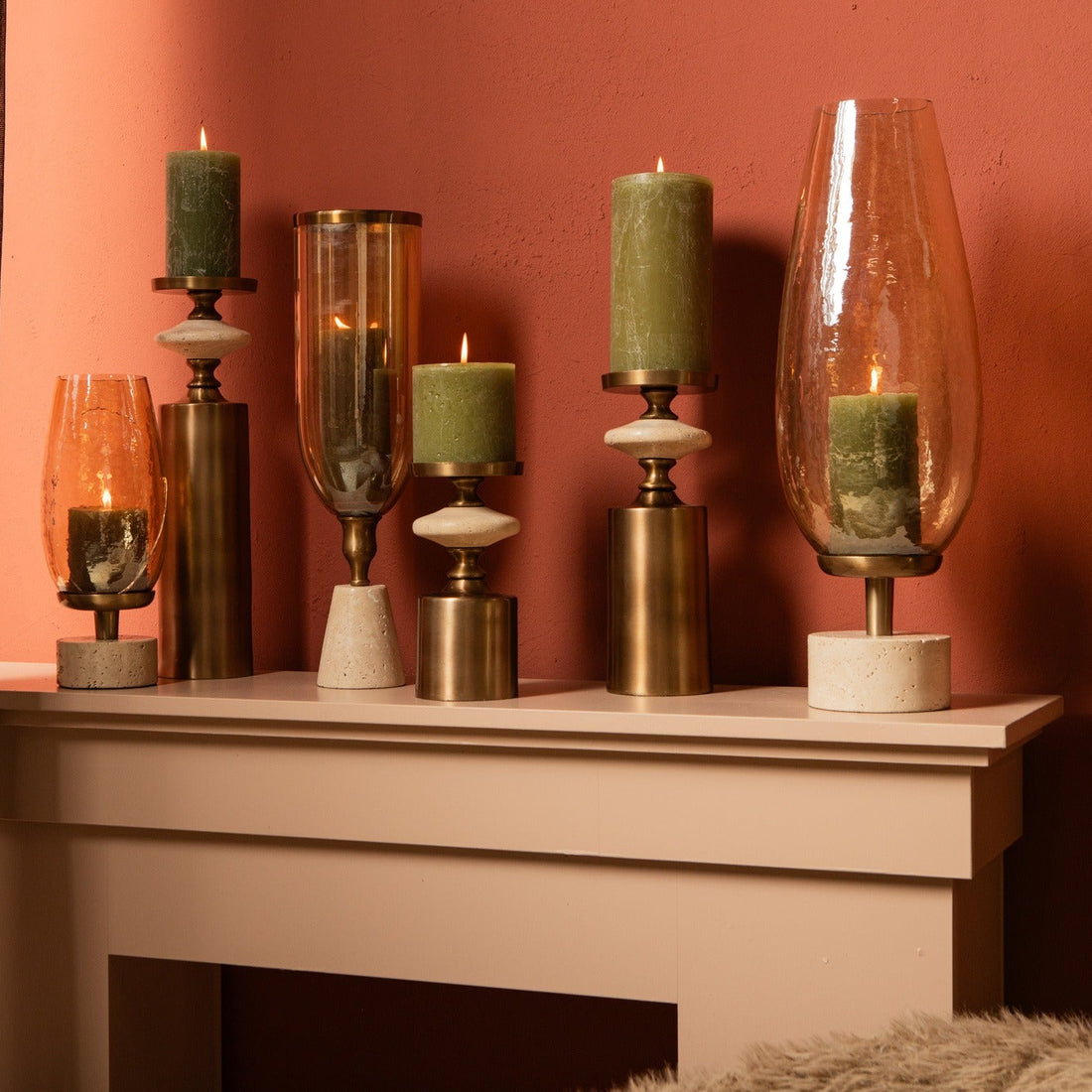 Nikolaos Brass candleholder travertine round S PTMD