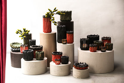 Windlicht Luci Donker Groen Keramiek Open ribbel Rond Set van 3 PTMD