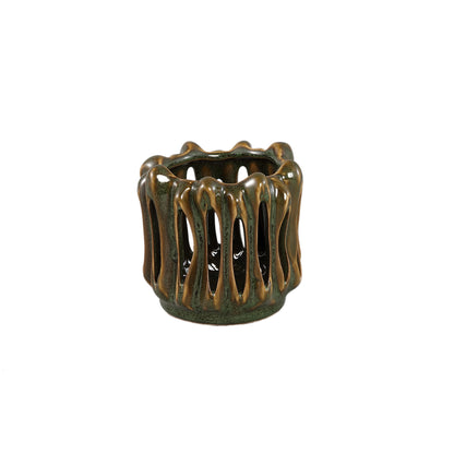 Windlicht Luci Donker Groen Keramiek Open ribbel Rond Set van 3 PTMD