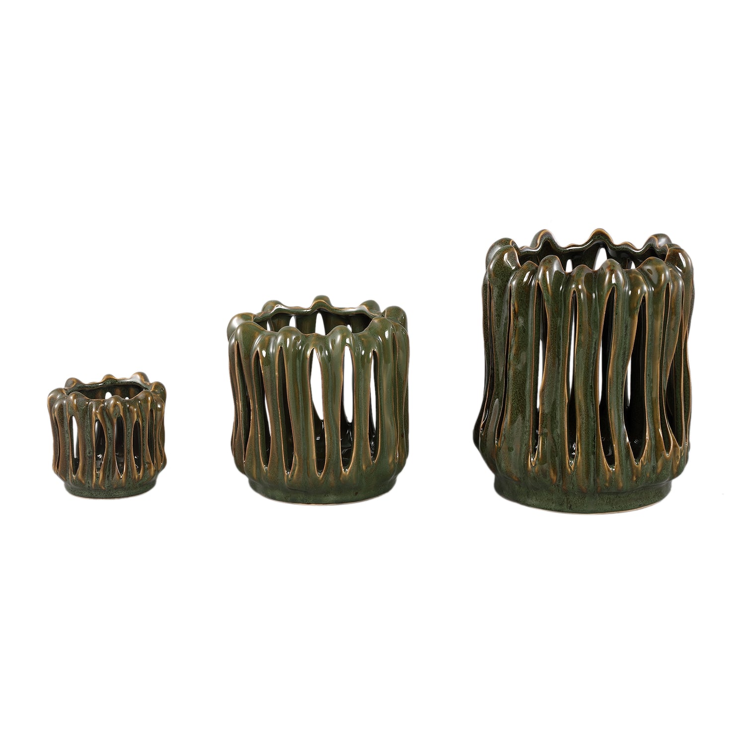 Windlicht Luci Donker Groen Keramiek Open ribbel Rond Set van 3 PTMD