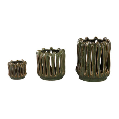 Windlicht Luci Donker Groen Keramiek Open ribbel Rond Set van 3 PTMD