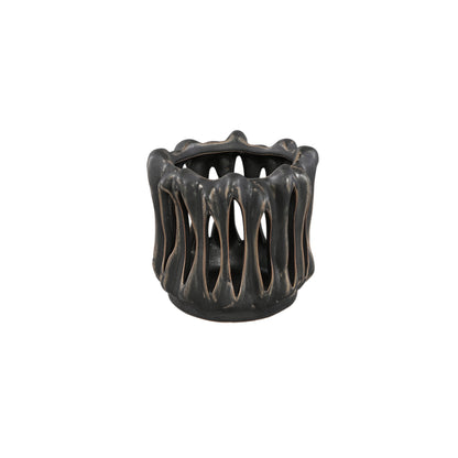 Windlicht Luci Zwart Keramiek Open ribbel Rond Set van 3 PTMD