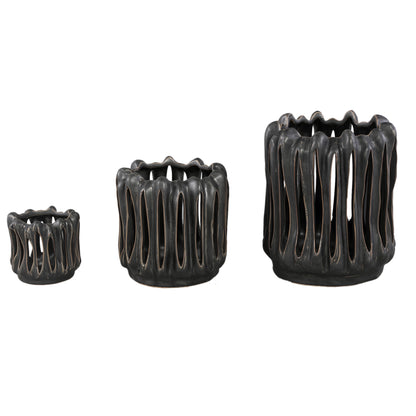 Windlicht Luci Zwart Keramiek Open ribbel Rond Set van 3 PTMD
