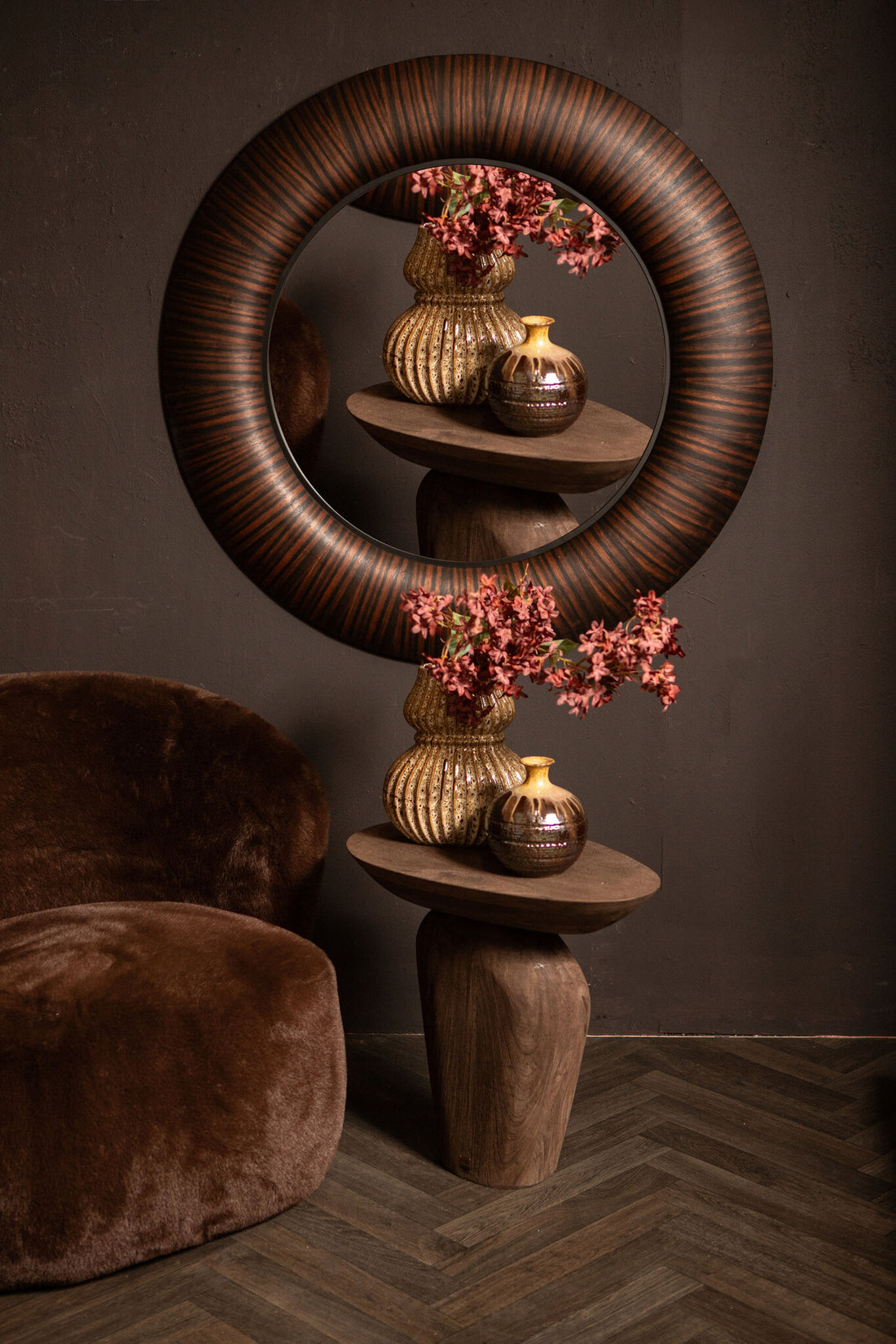 Gezzy Brown Wooden Mirror Thick Frame Round 110.5 x 5.5 x 110.5cm PTMD