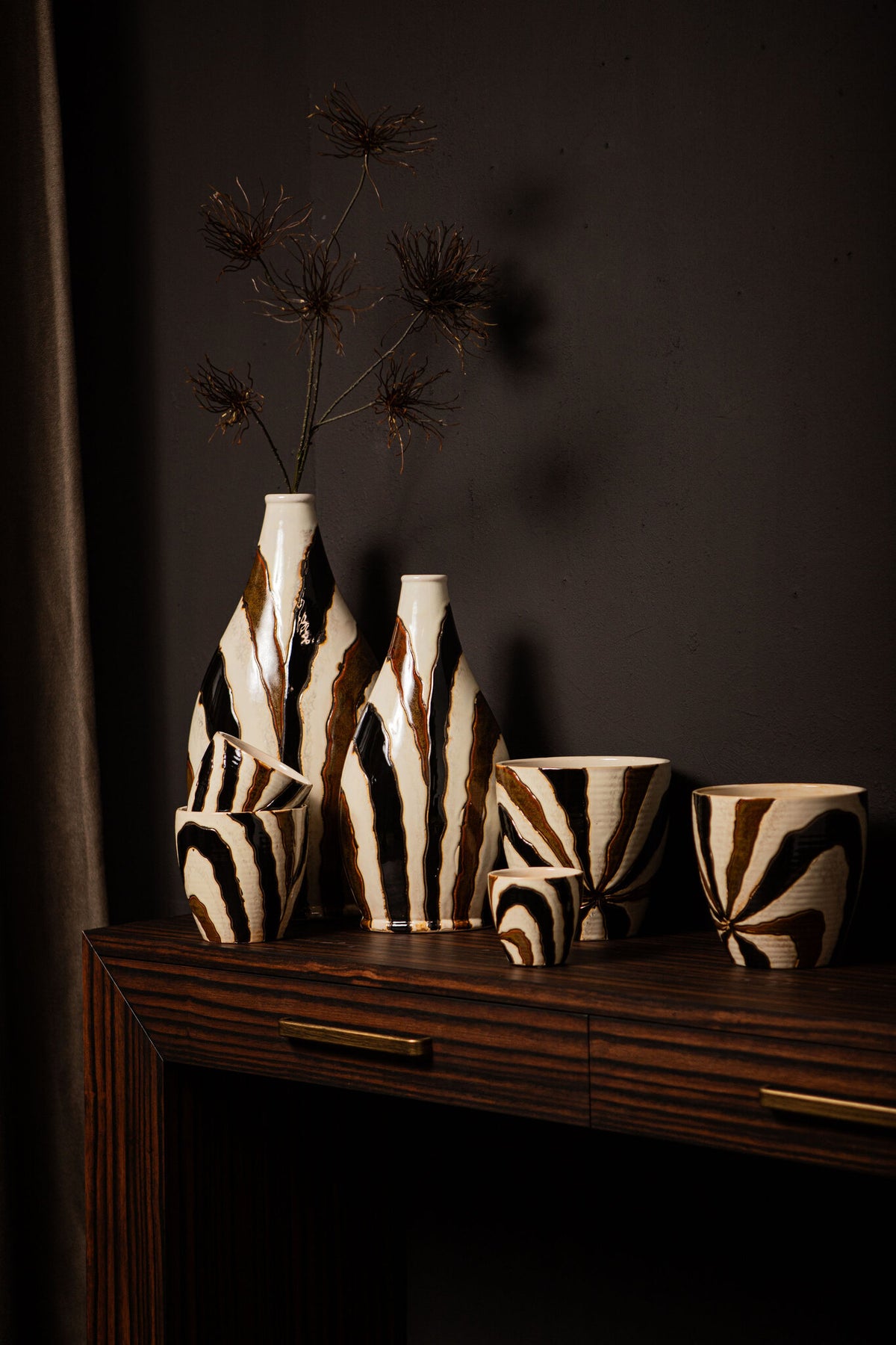 Evelin Dark Brown Oval Ceramic Vase With Lines L 29x18x55.cm PTMD