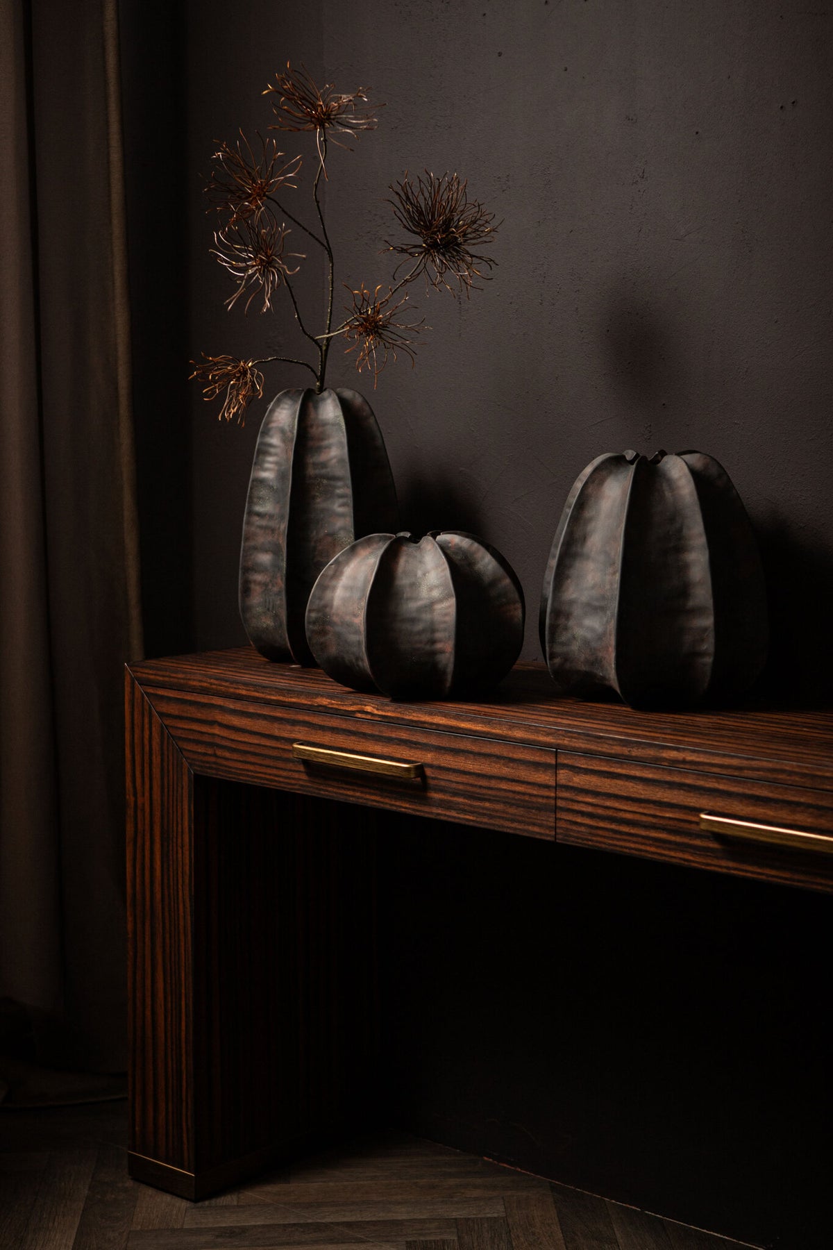 Grayson Black Ceramic Round Ribbed Vase High Dia 28cmxH42cm PTMD