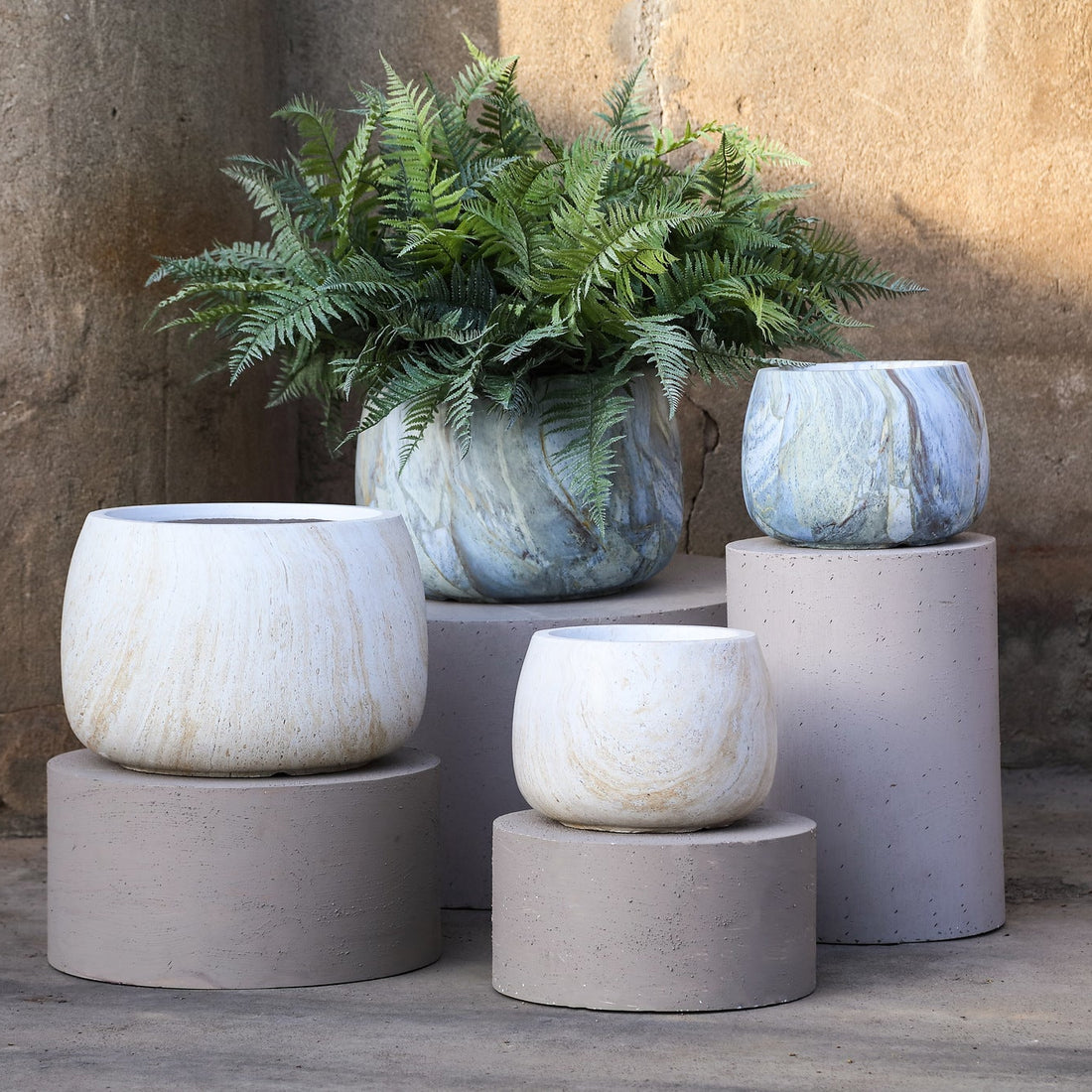 Amilee Beige GRC Marble Look Pot Round Set Of 2 PTMD