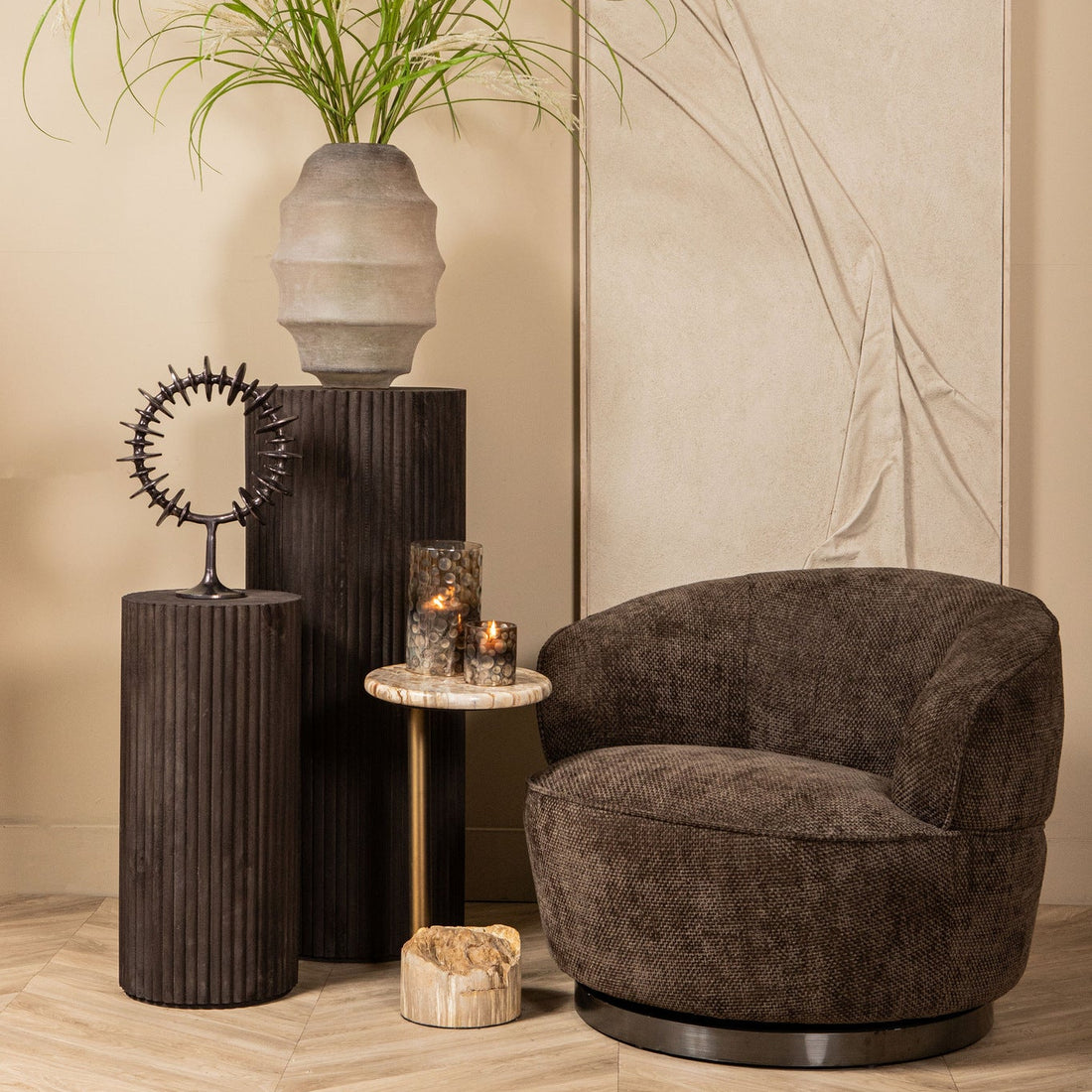 Bijzettafel Ataja Naturel Natuurlijk versteend hout Messing Poot PTMD