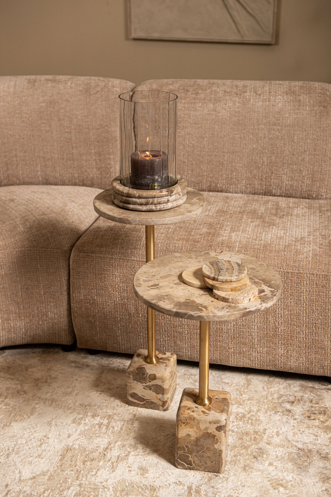 Bijzettafel Ebe Beige Marmer Rond Laag PTMD