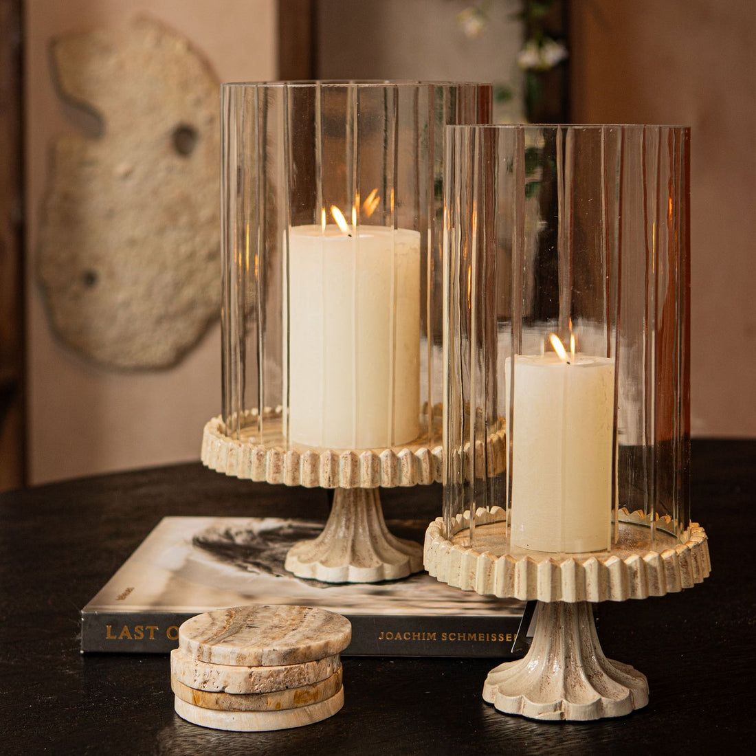 Windlicht Troye Beige Gegoten Aluminium Gesneden Glas Large PTMD