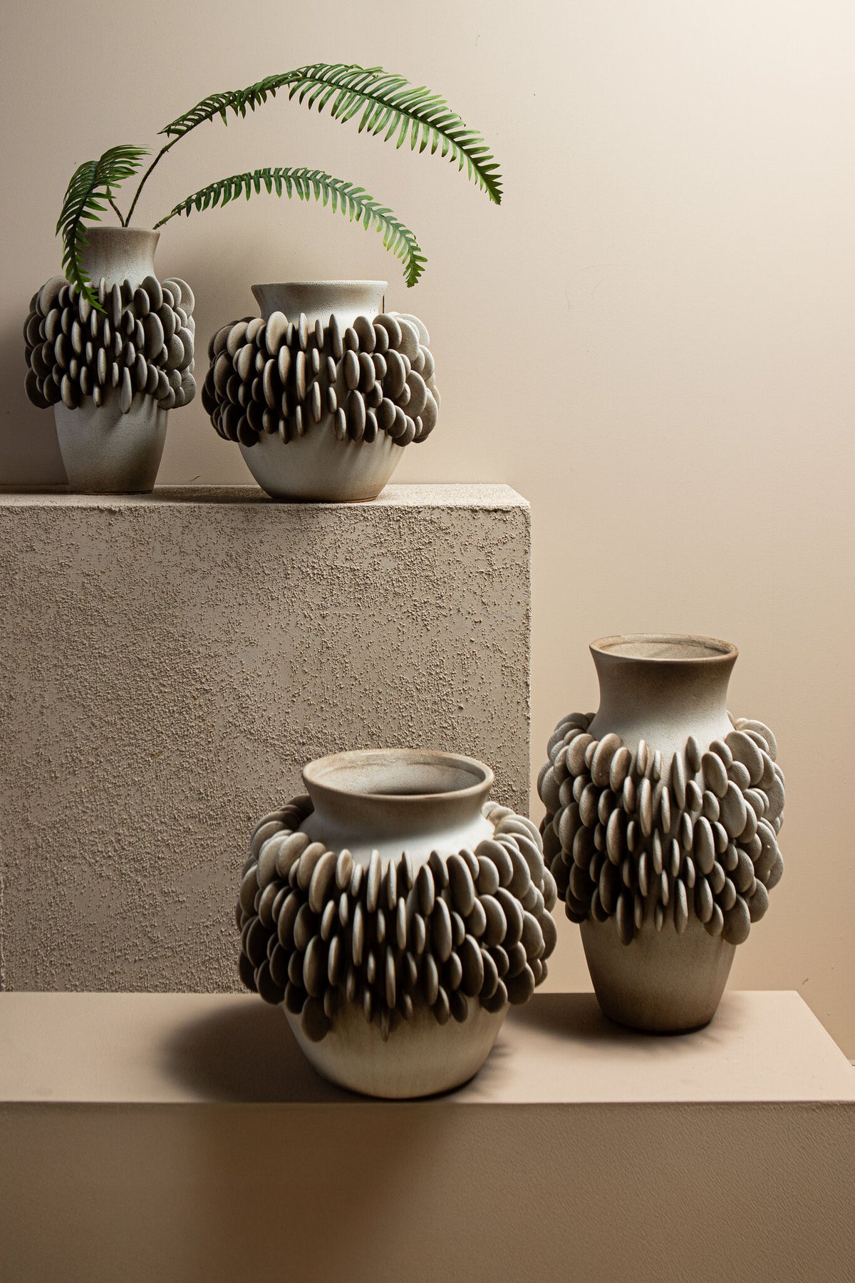 Wina Beige Ceramic Vase With Round Scales High Small PTMD