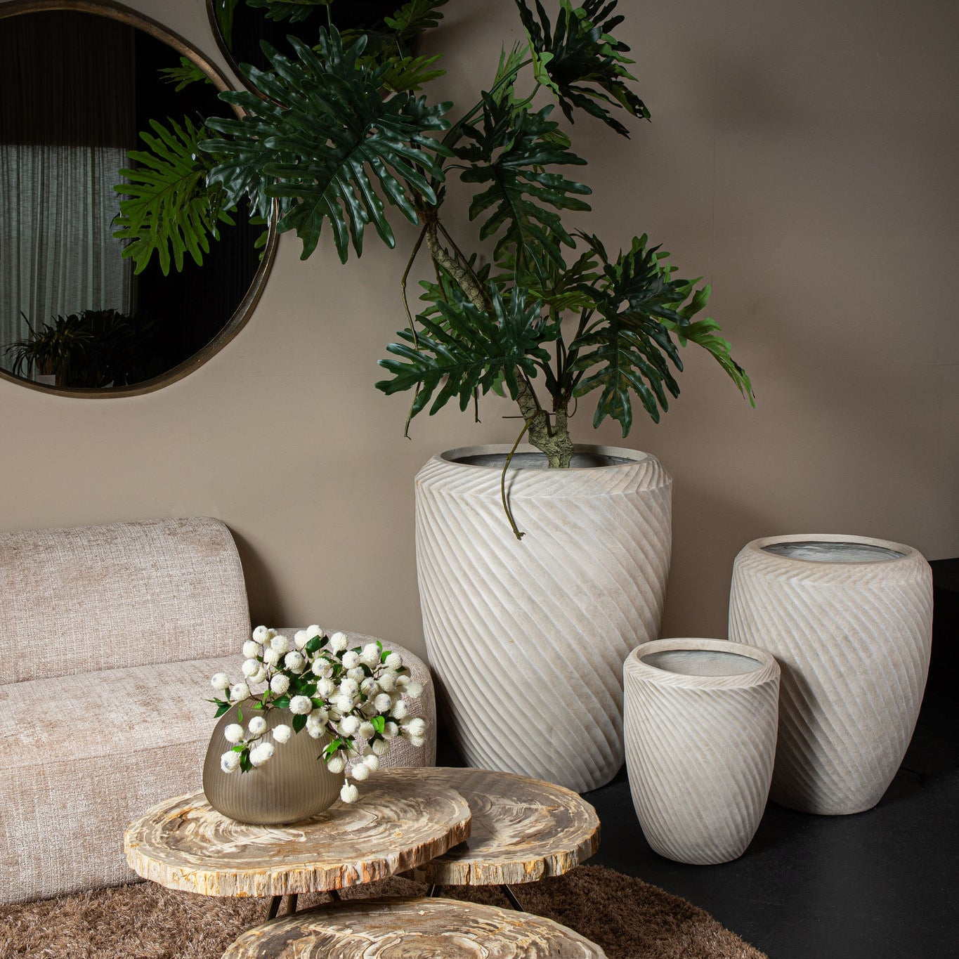 Pot Nikol Beige GRC Wave Patroon Rond Hoog Set van 3 PTMD