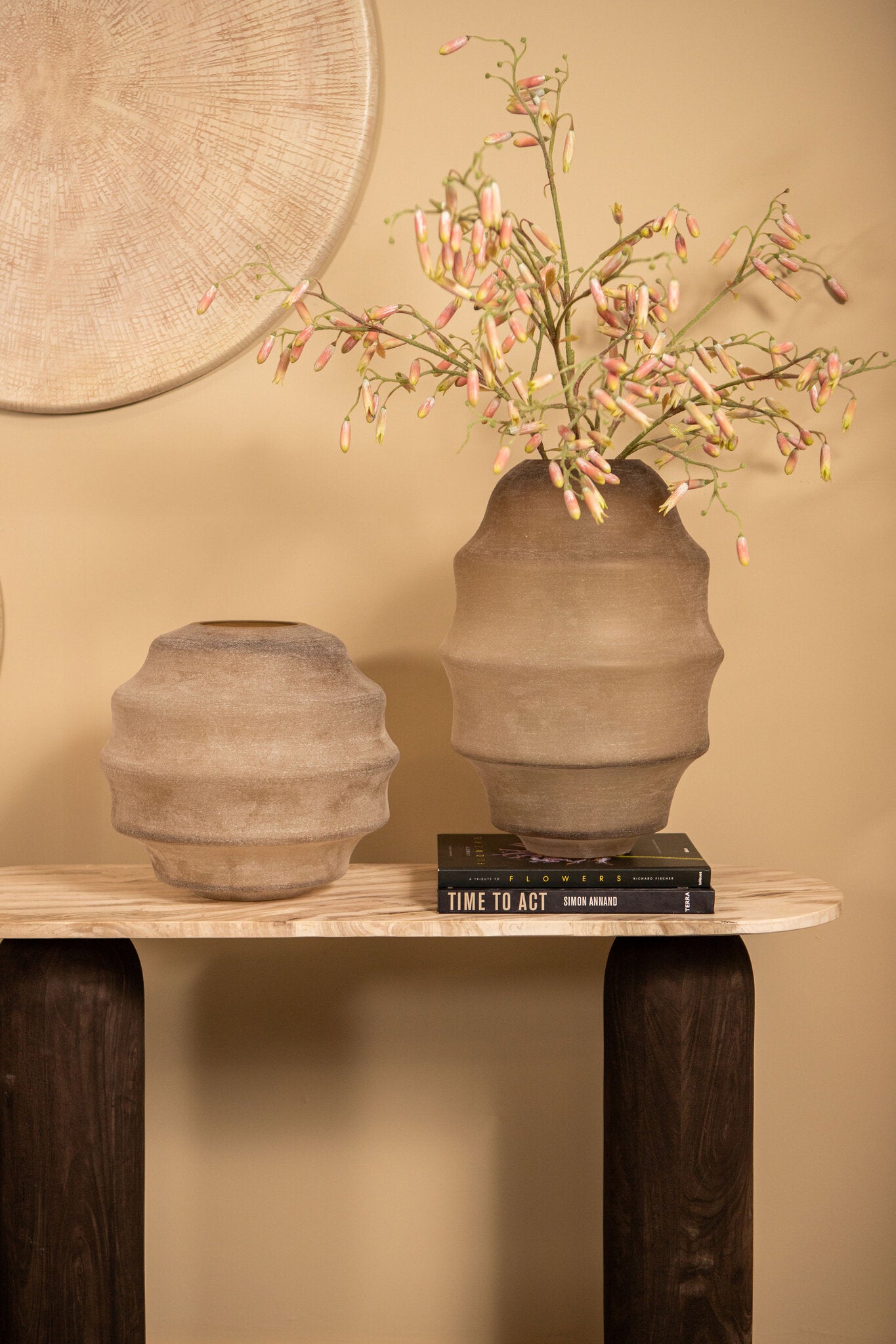 Elladie Beige Round Glass Layered Vase Low PTMD