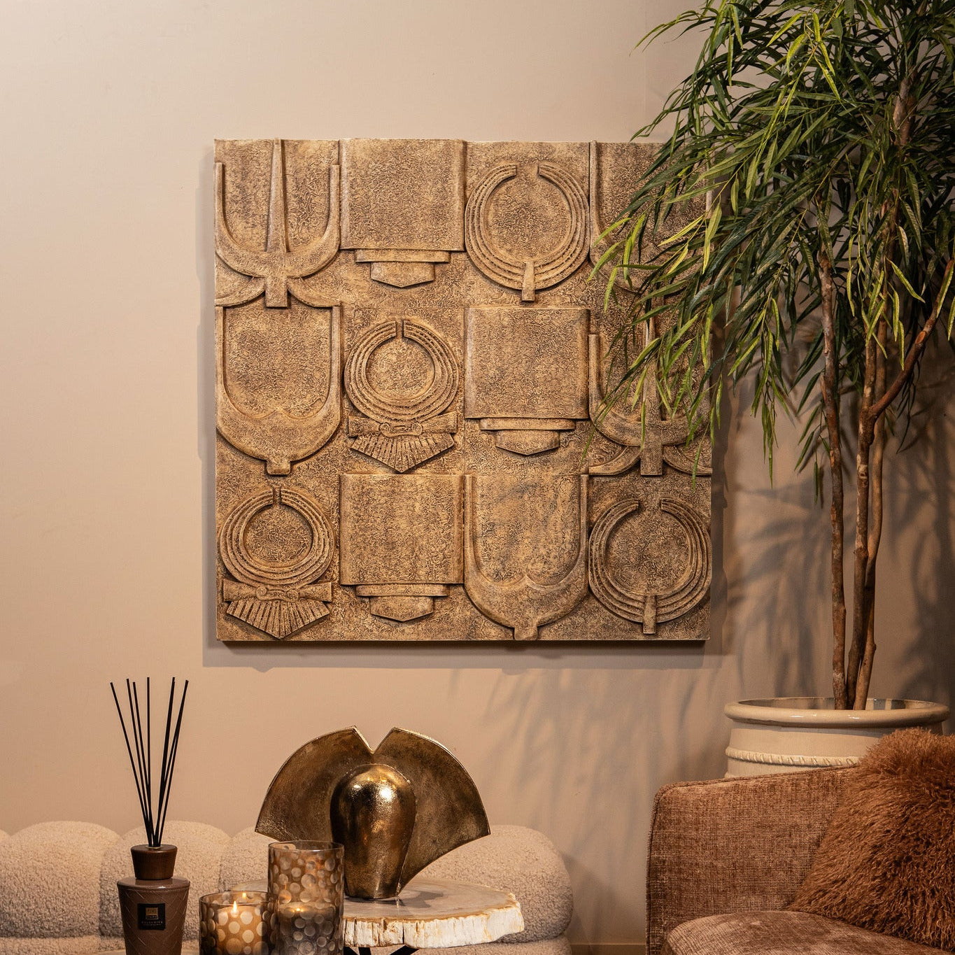Saku Beige MDF Aancient Symbols Antique Wall Panel PTMD
