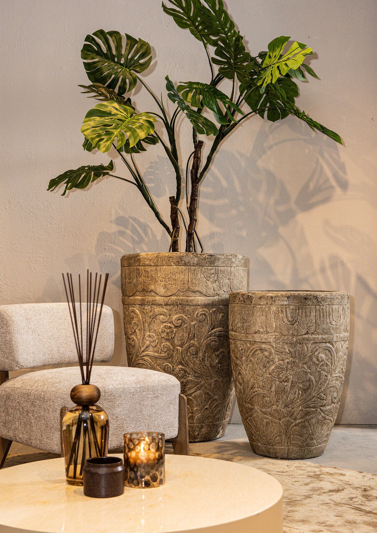 Sasha Creme Zementfaser Topf Blumenmuster Rund M PTMD